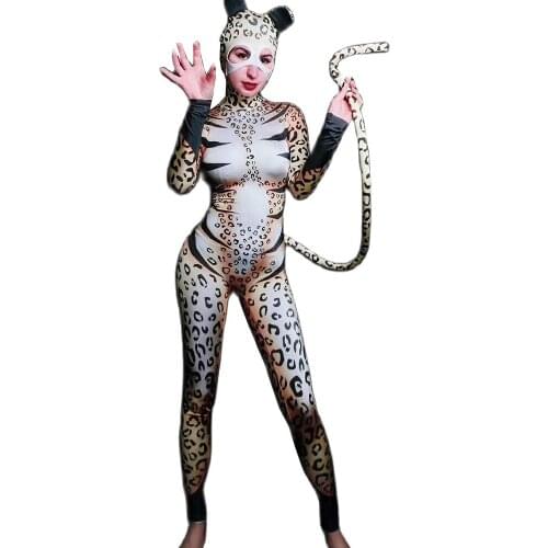 Womens Leopard Costumes Printing Stretch Jumpsuit With Tail Halloween Ladies Role Playing Costume Nightclub Dance Show Wear