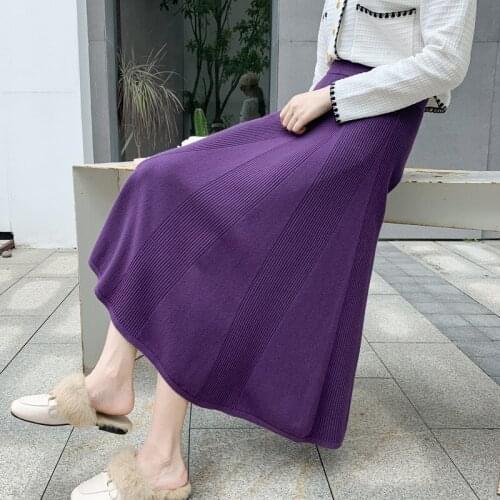 2020 Autumn Winter New Korean High Waist Slim Stretch Simple Wild Casual Big Swing Women A-line Knitted Long Skirt Free Shipping