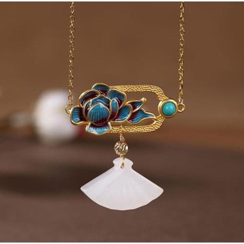 S925 Sterling Silver Inlaid Hetian Jade Gilding Burnt Blue Silver Accessories Cloisonne Lotus Fan-Shaped Temperament Female Pend