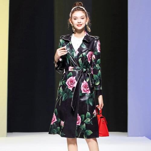 Windbreaker Runway Autumn New Fashion Rose Print PU Leather Belt Slim Fit Vintage Elegant Midi Lapel Suit Coat