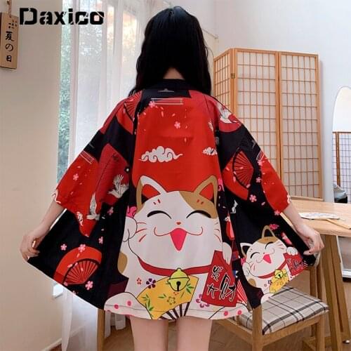 2021 Lucky Cat Loose Summer Beach Cardigan Women Harajuku Japanese Kimono Style Tops Blouse Clothing Black Streetwear Samurai