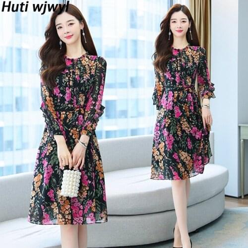 Women Casual Beach Floral Chiffon Midi Dress Spring Autum Vintage Korean Long Sleeve Dresses 2021 Elegant Bodycon Party Vestidos