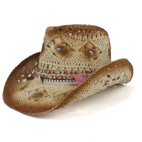 2019 Summer Women Straw Hollow Western Cowboy Hat Lady Handmade Tassel Brand Sombrero Hombre Beach Cowgirl Sun Hat Size 56-58CM