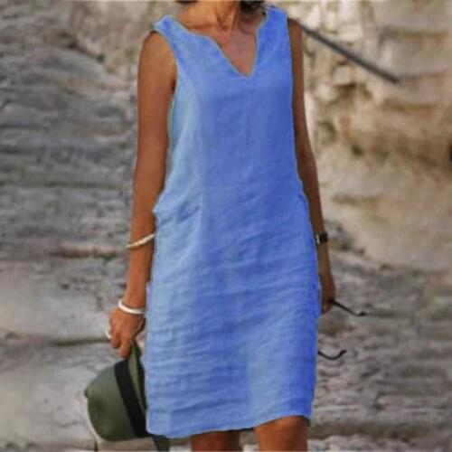 2021 Womens dress Plus Size Bohe Solid Print Sleeveless Dress V-Neck Dresses loose Female M-XXXL dress женское платье Vacation