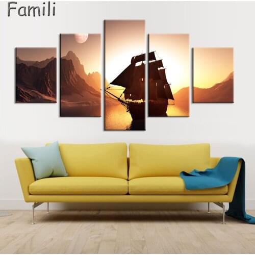 5Pieces Canvas Oil Painting Sailboat On The Sea Minimalist Living Room Seascape Sun Decorative Mural Pictures Prints No Frame