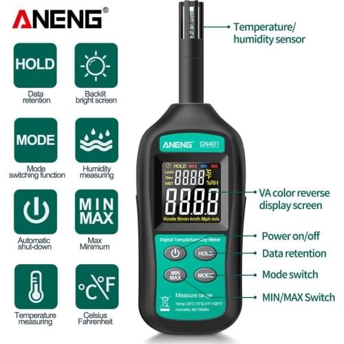 GN401 Auto Gigital Temperature Humidity Meter Handheld No Contact Precision Digital Air Thermometer Hygrometer Gauge Tester