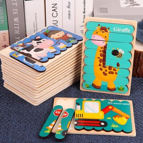 Kids Animal Montessori Puzzle 3D Double-sided Stripe Child Puzzle Wooden Toys Tell Story Educational Wooden Puzzles For Kids