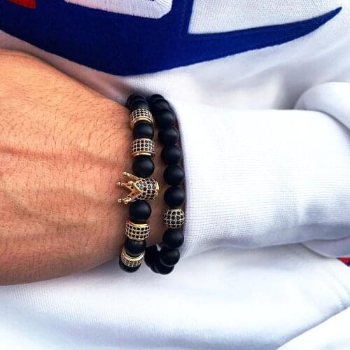 8mm Black Agate Stone Beads Men Bracelet Crown Bracelets 2pcs/set For Women Pulseras Hombre Moda Masculina Bileklik Erkek
