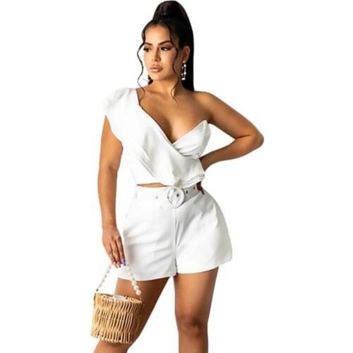Club Summer Two Piece Short Set Women Casual Ruffles One Shoulder Crop Top and Shorts Set Women Party Sexy 2 Piece Matching Sets