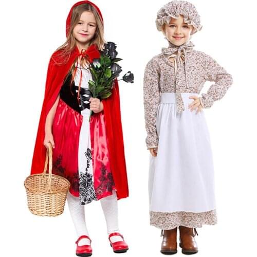 Little Red Riding Hood Costume with Cloak Kids Girls Halloween Wolf Grandma Cosplay Costume Idyllic Farm Apron Maid Fancy Dress