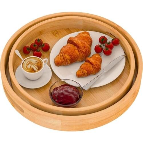 Round Serving Trays Set with Handles - Wooden Bamboo Circle Tray for Coffee Table, Food, Ottoman 30cm&35cm