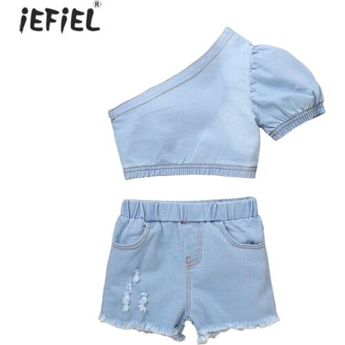 Summer Toddler Kids Baby Fashion Outfits Clothes Set Single Shoulder Crop Tops Shirt Ripped Blue Denim Shorts 2PCS Outfit 1-5Y