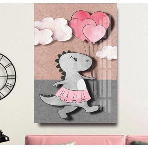 Cute Cartoon Animal Decorative Picture Pink Dinosaur Childrens Room Kindergarten Frameless Canvas Painting Wall Art Kids Gift