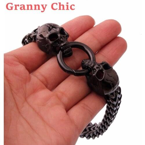 Granny Chic 12mm New Arrived Biker Mens Boy Black Stainless Steel Skull Skeleton Square Rolo Figaro Chain Wristband Bracelet