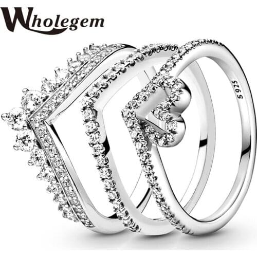 WHOLEGEM Trendy Women Wedding Ring Set Princess Crown Love Exquisite Zircon Engagement Party Couple Jewelry