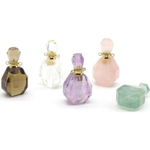 Natural Gems Stone Perfume Bottle Pendants,Amethysts Fluorite Crystal Quartz Essential Oil Diffuser for Necklace Charms Jewelry