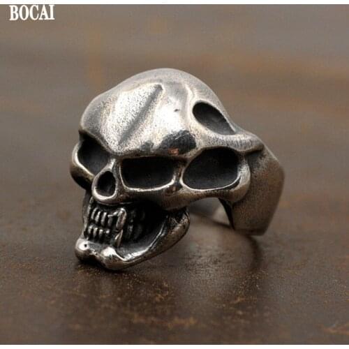 BOCAI New 2021 Trend Locomotive Big Skull Real S925 Silver Jewelry Handmade Retro Domineering Man Ring