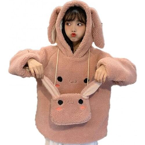 2021 Autumn Winter Women Hoodies Cute Rabbit Ears Fashion Hoodie Casual Solid Color Warm Sweatshirt Hoodies For Women Clothing