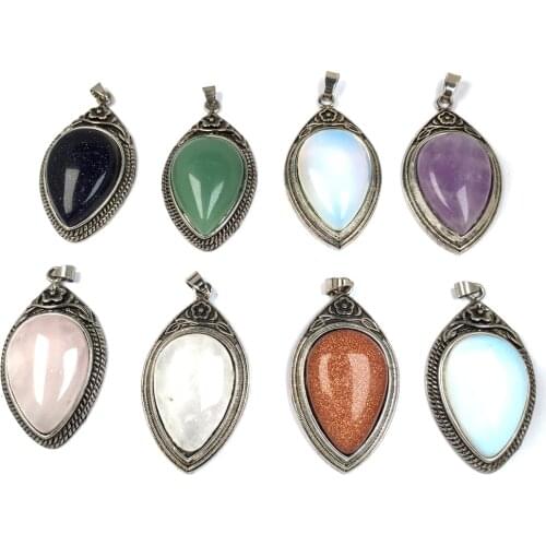 Retro Natural Stone with Zinc Alloy Pendant Rose Quartzs Opal Charms Pendants for Jewelry Making DIY Necklace Accessories