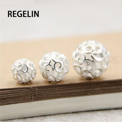 REGELIN 8/10/12mm 925 Silver Round Hollow carved section Spacer Beads 1pcs Fit Charm Bracelets For Jewelry Finding Making DIY