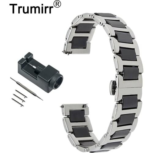 20mm Ceramic + Stainless Steel Watch Band for Ticwatch 2 42mm Butterfly Buckle Strap Quick Release Wrist Belt Bracelet + Tool