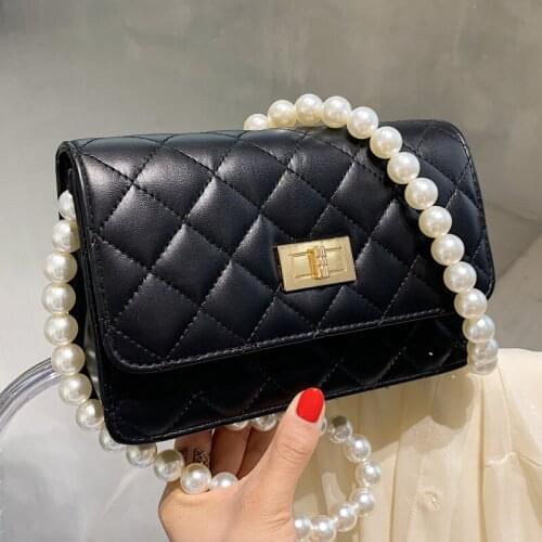 Lattice Crossbody Bags for Women Pearl Chain Shoulder Bag Luxury Pu Leather Messenger Bag Female Quilted Plaid Handbags
