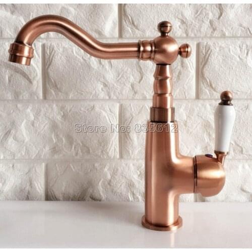 Red Copper Swivel Spout Bathroom Faucet Single Hole Washbasin Mixer Sink Faucets Ceramic Handle Cold &Hot Water Mixer Tap Wnf409