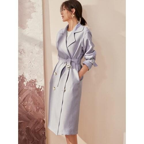 Temperament purple British windbreaker womens new intellectual lace up waist closing medium and long coat