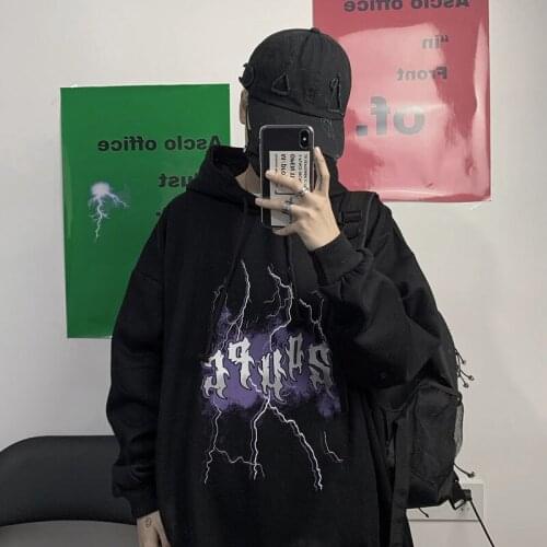 Focal20 Streetwear Lightning Letter Print Women Fleece Hoodies Casual Loose Female Hooded Sweatshirt Tracksuit Winter Pullovers