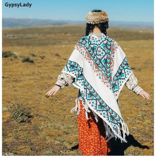 GypsyLady Vintage Boho Cloaks Capes Top white Women Autumn Winter Floral Knitted Poncho Capes Tassels Chic Cloak Poncho Outwear