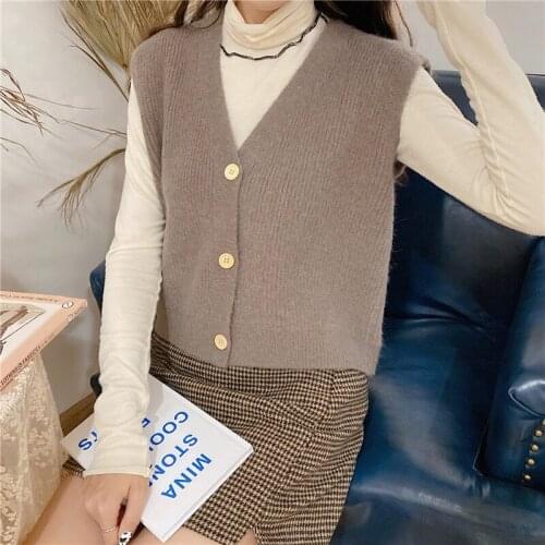 Knitted Sweater Vest Women 2020 Autumn Korean Style Vintage Single Breasted V Neck Sleeveless Cardigan Sweaters Tank Tops T536
