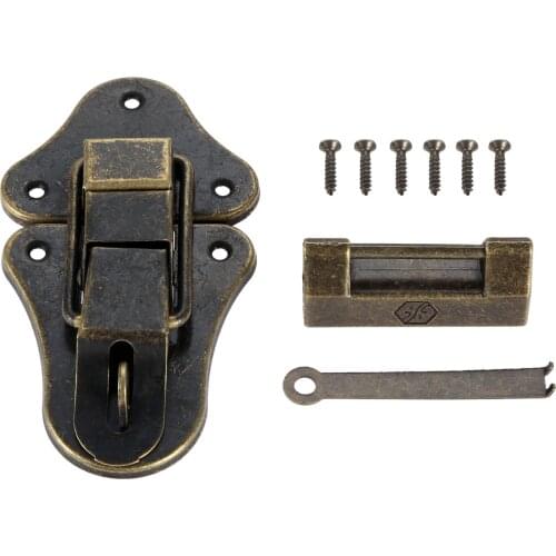 2pcs/1set Latch Buckle + Lock&Key Wood Jewelry Box Hasp Decor Pattern Carved Antique Bronze Vintage Tone Wine Case Old Chinese