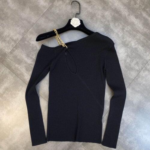 Sexy Hollow Out Sweater Women 2021 Autumn Chain Shoulder Long Sleeve Tight Stretch Temperamen All-Matching Black Jumper Pull