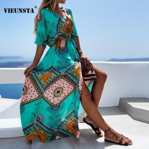 2021 Beach Style Floral Print High Split Long Dress Women Spring Elastic Waist Deep V Neck Dress Summer Short Sleeve Loose Dress