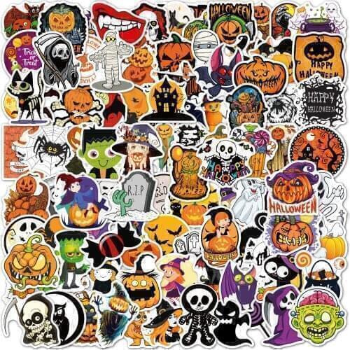 100Pcs Halloween Pumpkin Bat Zombie Avatar Party Decorative Sticker Paper Waterproof Notebook Phone Guitar Decorative Sticker
