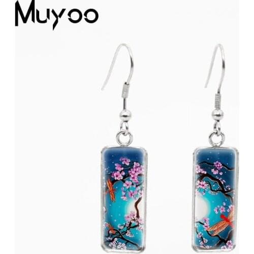 2020 New Dragonfly Paintings Rectangle Stainless Steel Dangle Earrings Vintage Dragonfly Flowers Glass Dome Fish Hook Earrings
