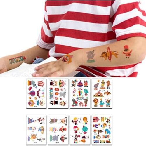 8 Sheets Cartoon Animal Circus Tattoo Stickers Kids Cute Temporary Tattoos Art Children Birthday Kids Bachelorette Party Decor