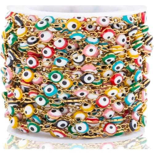 1 Meter 4mm Width Gold Colour Evil Eye Rosary Beads Chain Stainless Steel Evil Eye Chains Necklace DIY Jewelry Making Findings