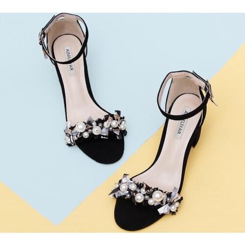 Black Suede Wrist Strap Chunky-Heel WOMENS Sandals Pearl Ball Korean-style WOMENS Shoes Bow Fairy Coming of Age Ceremony New