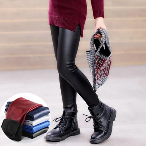 Childrens Clothing Pants for Girls Winter Leggings Lined Velvet Long Bottoms Kid PU Leather Pants for Girls Solid Trousers