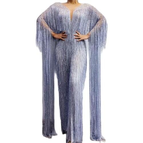 Individual Design Long Tassel Sleeve Silver Fringes Jumpsuits Ladies Dance Costume Nightclub Outfit Party Evening Show Costume