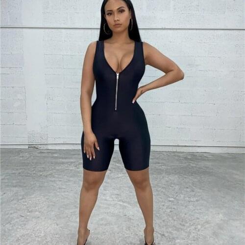Hirigin Sexy Sleeveless Deep V Neck Zipper Jumpsuit Women Summer 2020 Sport Bodycon Rompers Biker Shorts Club Outfits