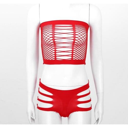 Womens Sexy Lingerie Sets Breast Hollow Out Moto Clubwear Evening Parties Fishnet Crop Top with Briefs Panties Sissy Underwear