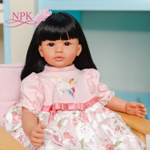 NPK 60CM Hand made bebe doll Boneca Reborn toddler baby girl doll Soft Silicone cloth body Lifelike brown tan skin doll