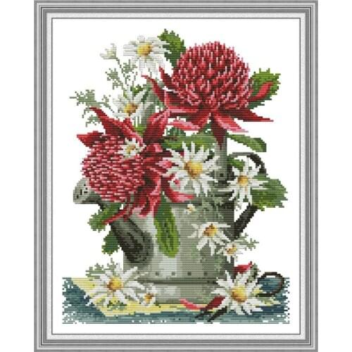 NKF Flowers and Water Pots Stamped Cross Stitch Patterns DIY Kits Needlework Embroidery Sets Cross Stitch for Home Decor
