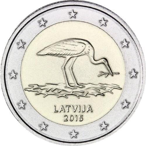 Latvia 2015 Black Stork Protection Plan 10 Years 2 Euros Real Original Coins True Euro Collection Commemorative Coin Unc
