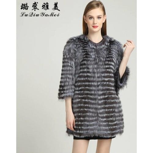 Genuine Leather Silver Fox Fur Coat For Women Real Fur Coat Winter Female Jackets Slim Fox Striped Coats Fur Fashion Outwear