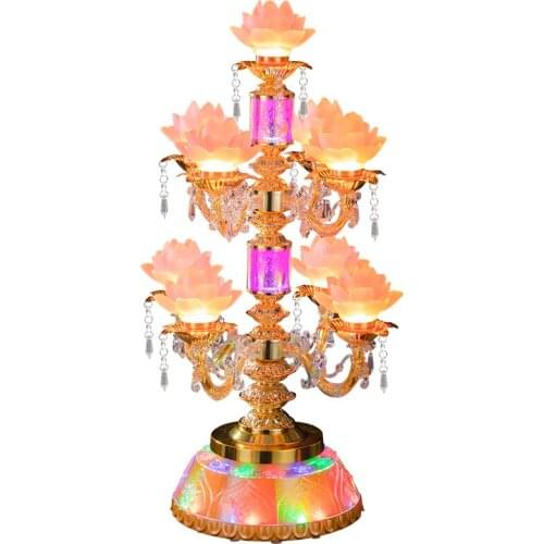 Led Seven Products Colorful Crystal Glass Rotating Buddha Worship Lotus Lamp Lamp for Buddha Worship Avalokitesvara Buddha Front