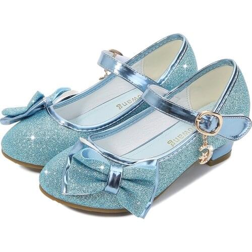 Girls Princess Shoes Butterfly Knot High-Heel Shiny Princess Shoes Non-Slip Wearable Kids Leather Shoes Crystal Single Shoes