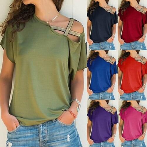 2021 Women Skew Neck T-Shirt Irregular Criss Cross Summer Short Sleeves Sexy Off Shoulder Solid Tops Female One Shoulder Shirt